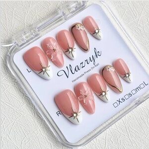 Reusable French tip press on nails, 3D metallic design M